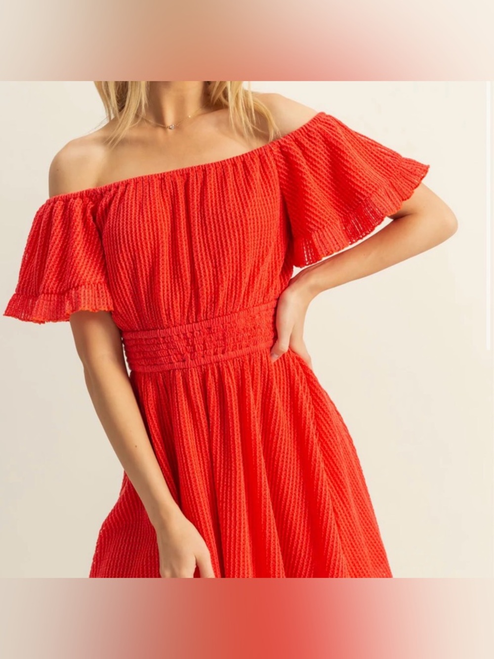 33. Hyfve, Red Ruched off shoulder Mini Dress P2P 16”, SMALL